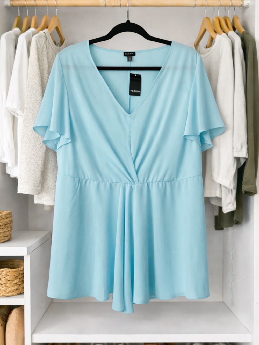 Torrid Aqua Blue Chiffon Blouse Size 2 (2X 18/20) Flutter Sleeve V-Neck NWT